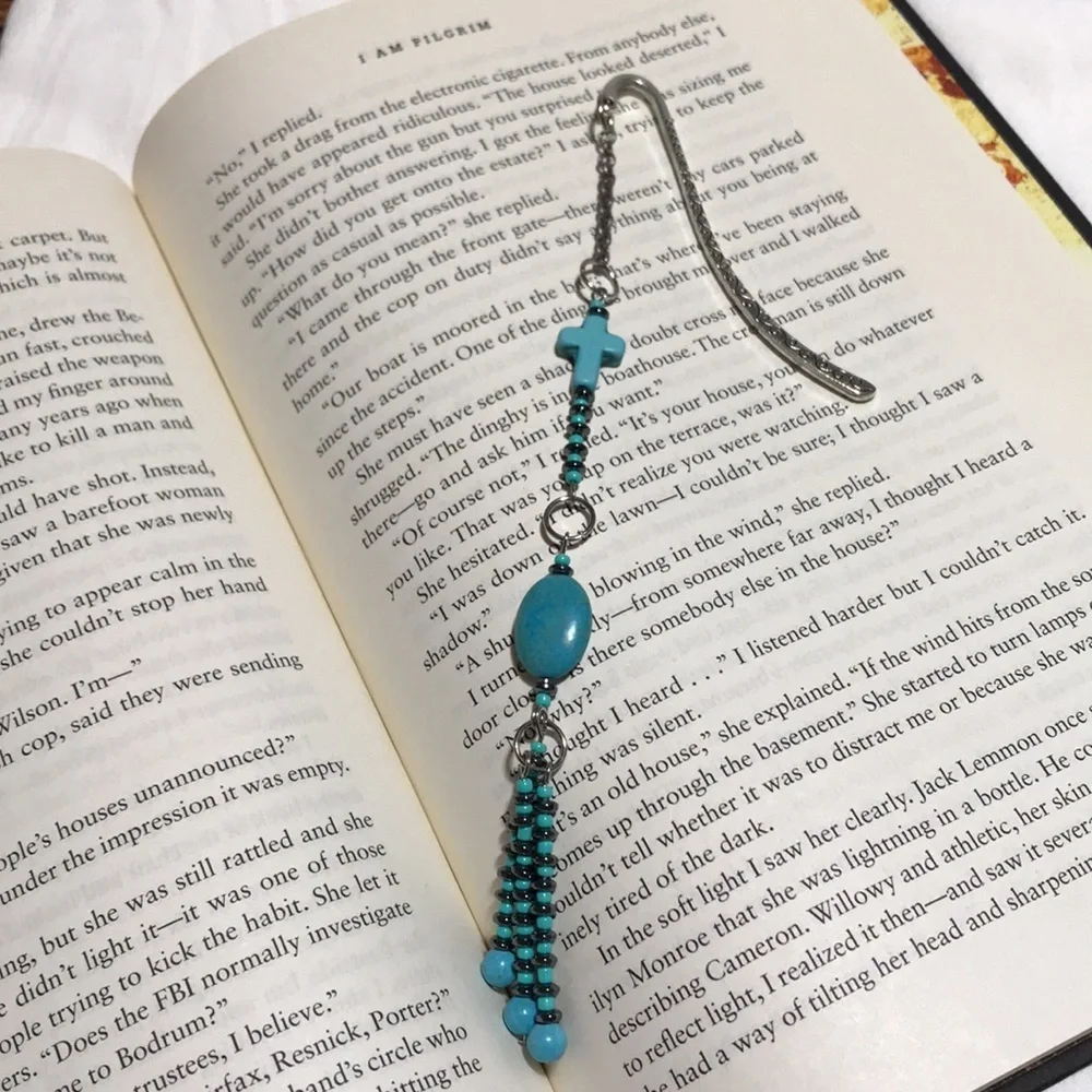 Metal Shepherds Hook Bkmk w/Chain & Turq Magnesite Gemstone,Glass, & Metal Beads